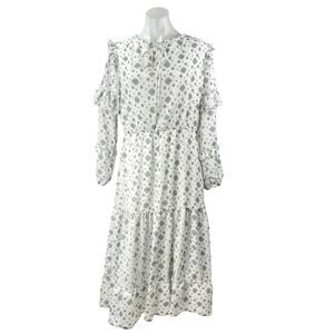 Sharon Max White Floral Long Sleeve Ruffle Tie Neck Tiered A Line Midi Dress M